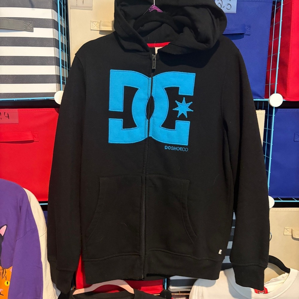 DC Shoes Y2K Skate Big Blue Logo Black Full Zip Hoodie Sweatshirt Medium M